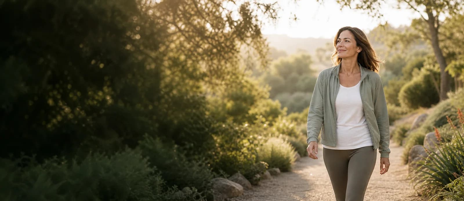 A woman walking outdoors on a trail at golden hour